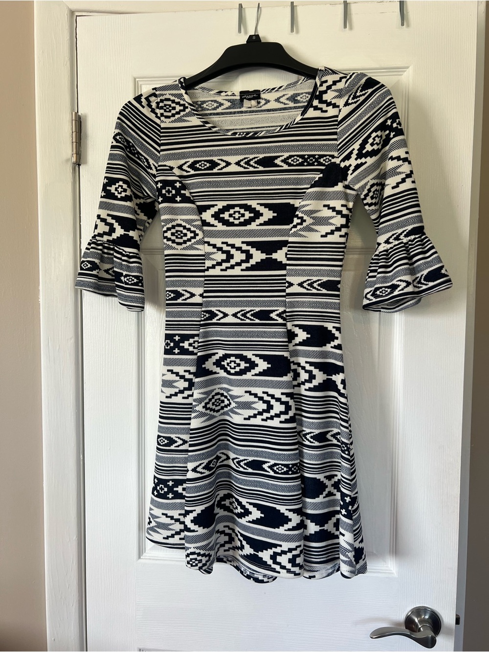 Black and White Aztec Fit-and-Flare Dress with Ruffle Sleeves